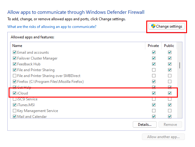 Povolení aplikací v bráně Windows Defender Firewall