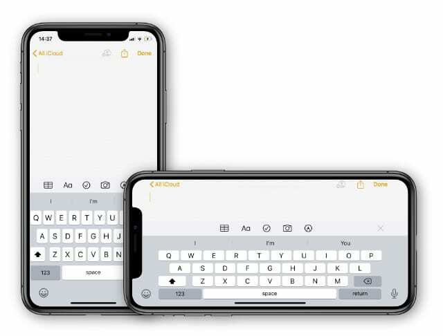 iPhone Notes uygulaması dikey ve yatay olarak