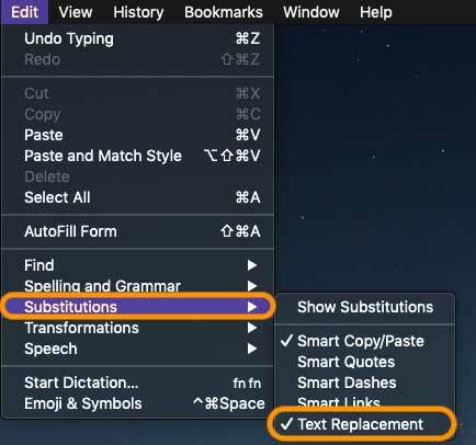 gunakan fitur penggantian teks di Mac