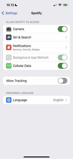 captura de pantalla que muestra la aplicación de configuración en el iPhone