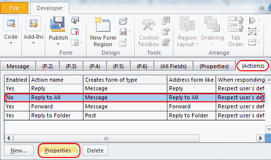 Outlook 2010-fanen og egenskaper for skjemahandlinger