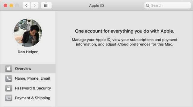 Apple ID pārskata lapa Mac sistēmas preferencēs