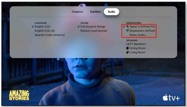 Apple TV zobrazuje dve sady pripojených slúchadiel AirPods