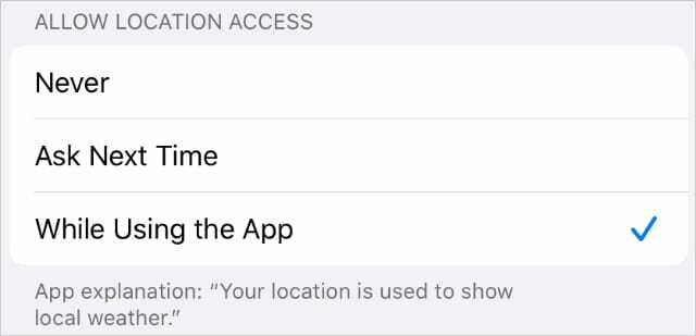 Servizi di localizzazione durante l'utilizzo delle impostazioni dell'app per il meteo