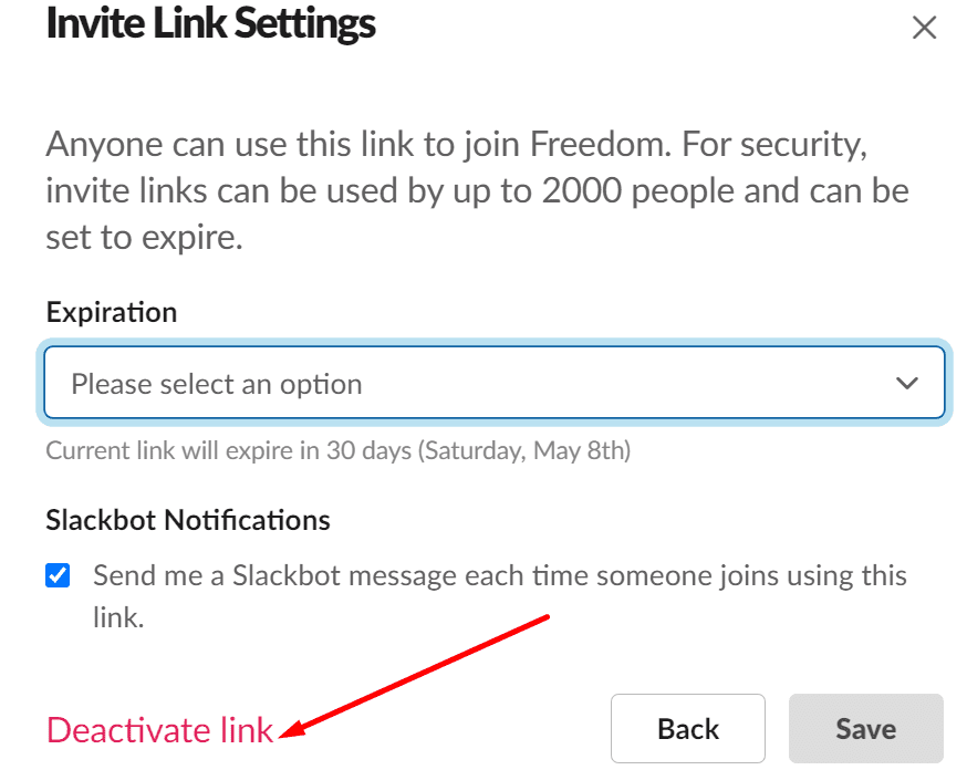 slack avaktivera länk