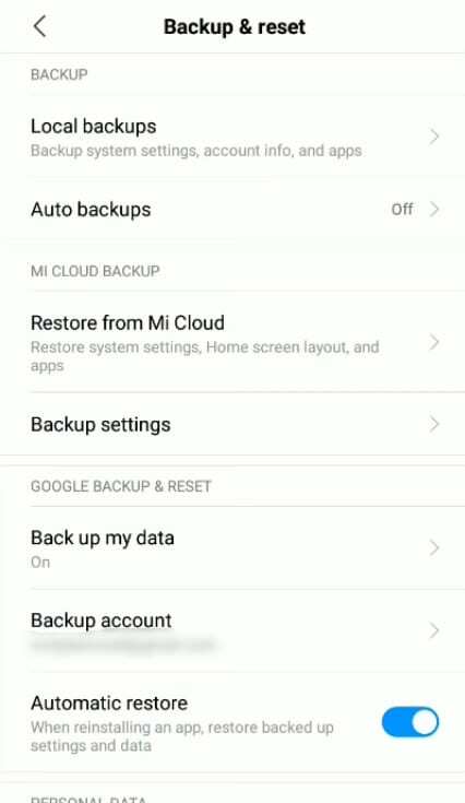 Xiaomi - backup e ripristino sfocati