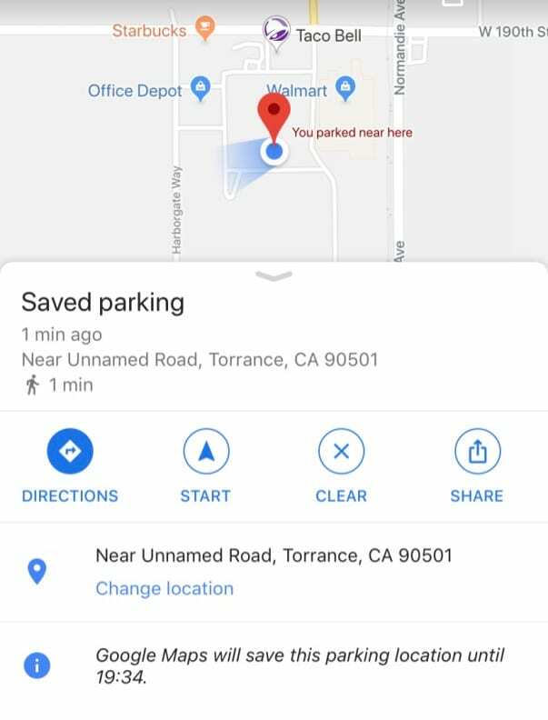 Opzioni di parcheggio salvate per l'app Google Maps per iPhone