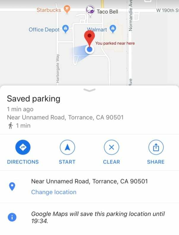 iPhone Google Maps აპის შენახული პარკირების პარამეტრები