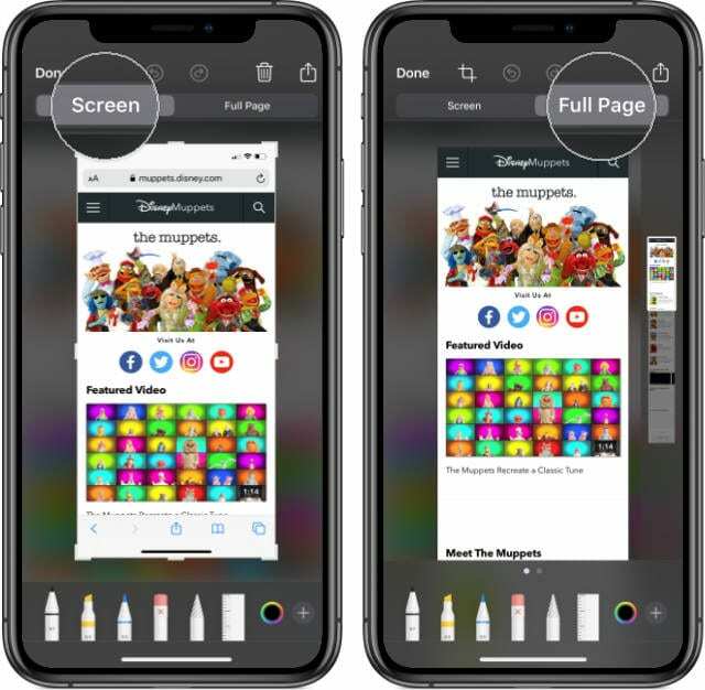 Näyttö- ja koko sivun kuvakaappausvaihtoehdot Safarissa iOS 13:ssa