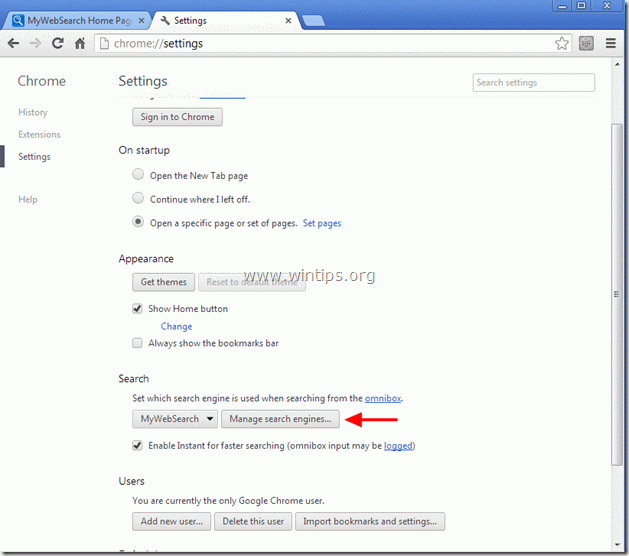 ამოიღეთ mywebsearch საძიებო სისტემა chrome