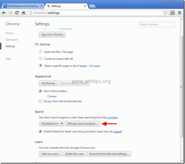 eliminar el motor de búsqueda mywebsearch chrome