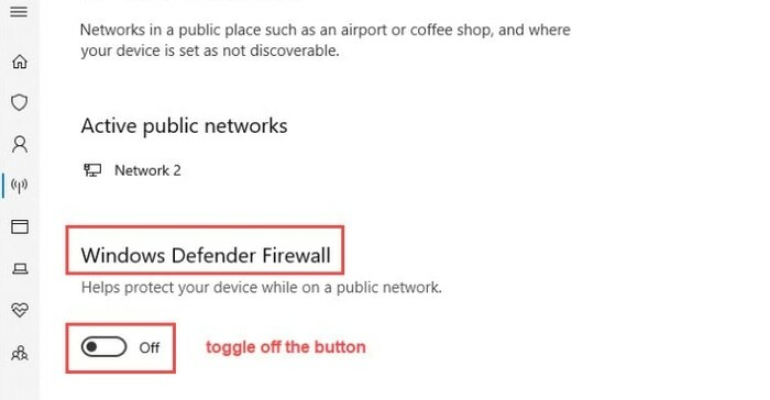 Windows Defender Firewall und Schaltfläche zum Ausschalten
