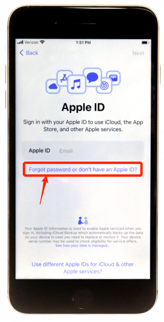 Budući da ga još nemate, odabrat ćete Zaboravljena lozinka ili Nemam Apple ID. 