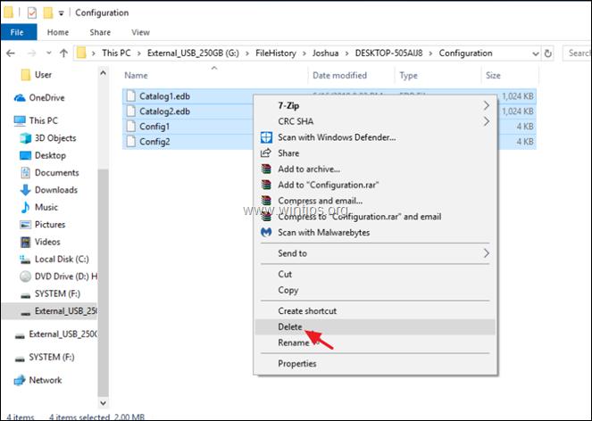 eliminar los ajustes de configuración del historial de archivos