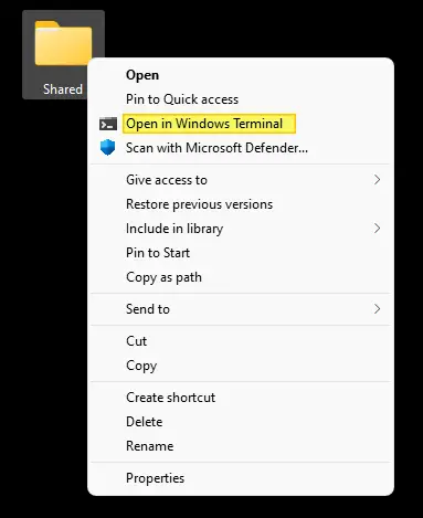 odprite ukazno okno tukaj v operacijskem sistemu Windows 11 - Windows terminal privzeto