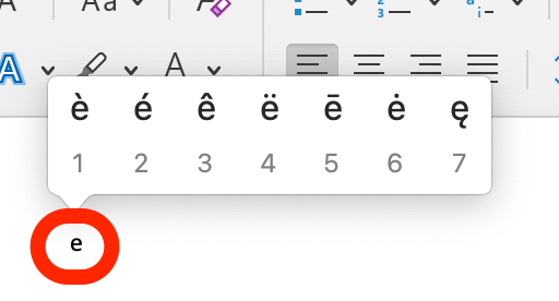 Pidä kirjainnäppäintä painettuna noin kahden sekunnin ajan. Näkyviin tulee pieni ponnahdusikkuna, jossa näkyvät kaikki kyseiselle kirjaimelle käytettävissä olevat aksenttimerkit.