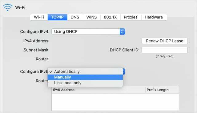 Configura IPv6 manualmente in Preferenze di sistema di rete del Mac