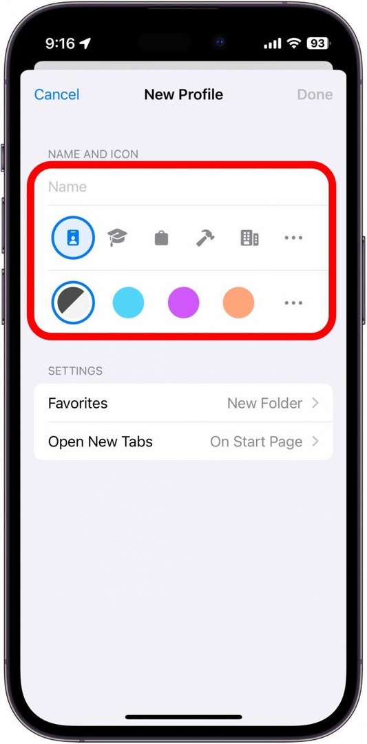 Paramètres du profil Safari avec options de personnalisation entourées en rouge: nom du profil, icône et jeu de couleurs