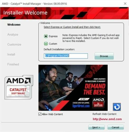 Opțiunea de instalare AMD Install Manager