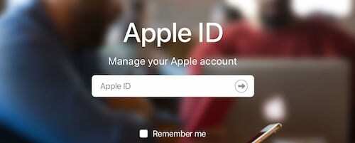 Snímek obrazovky přihlašovací stránky Apple ID