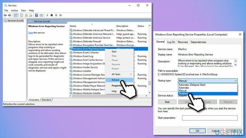Windows 오류 보고 서비스 비활성화 또는 재설정