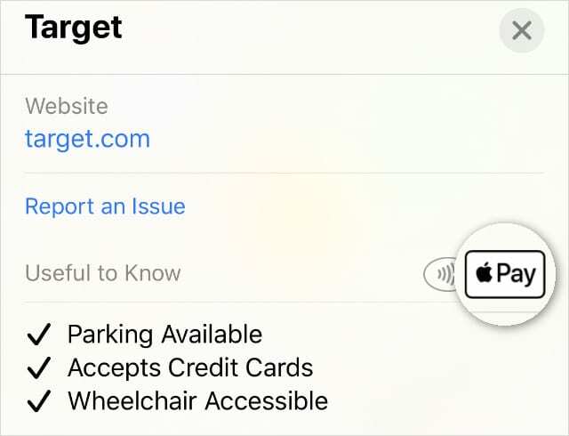 Apple Maps som visar Target accepterar Apple Pay