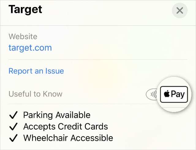 Apple Maps montrant que Target accepte Apple Pay