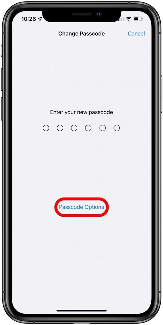 Jei norite pakeisti turimo slaptažodžio tipą, bakstelėkite Passcode Options.