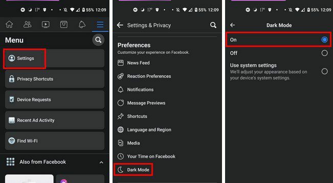 Aktivieren Sie die Dunkelmodus-Einstellung Facebook