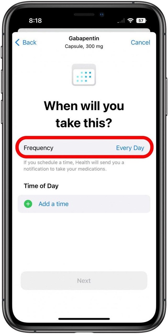Aplicación de salud en la nueva pantalla de medicación para seleccionar la frecuencia.