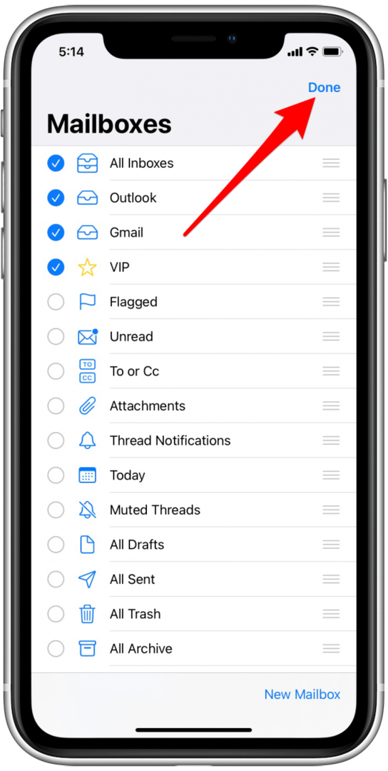 Bewaar alle inboxen in uw Mail-app door op Gereed. te tikken