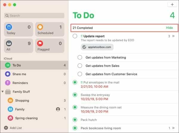 Färdigställda påminnelser-Mac