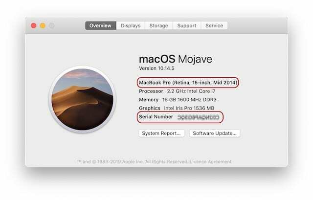 Sobre este Mac mostrando o modelo e o número de série