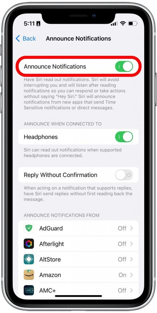 Appuyez sur la bascule à côté d'Annoncer les notifications pour que Siri n'annonce jamais de notifications.