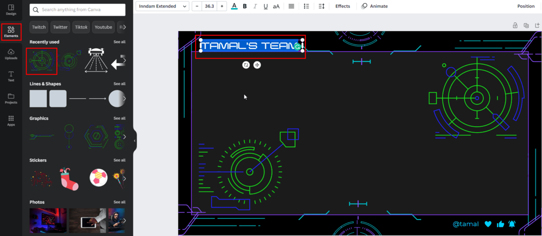 Editando um modelo de sobreposição de transmissão do Twitch no Canva