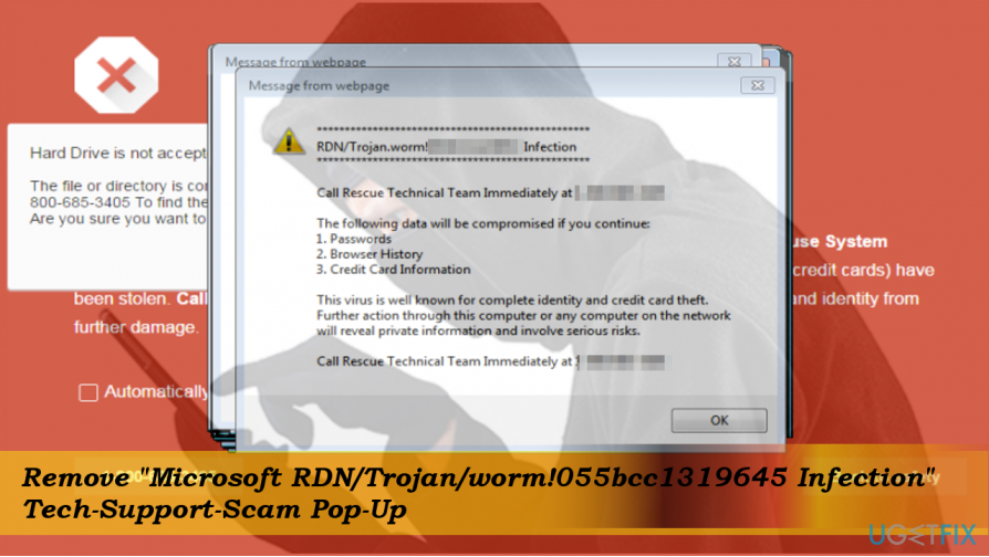 „Microsoft RDNTrojanworm!055bcc1319645“ sukčiavimo ekranas