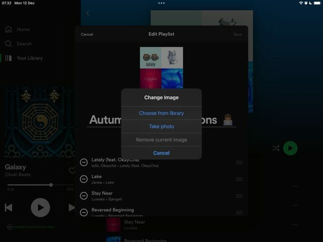 Screenshot che mostra come scegliere una foto della libreria Spotify