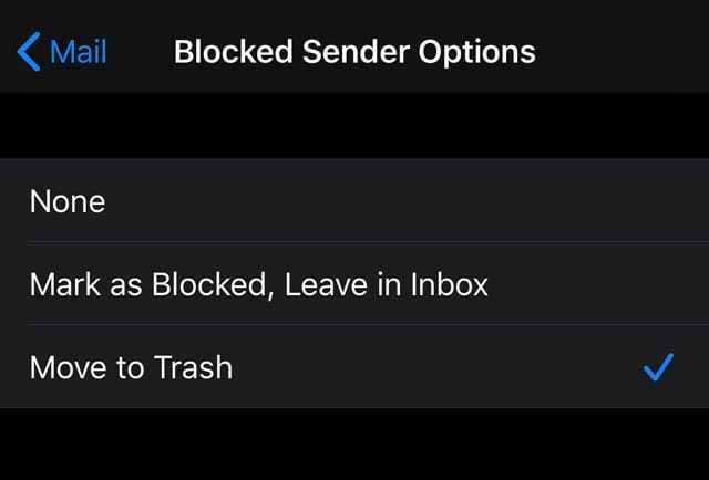 mutați e-mailul expeditorului blocat în coșul de gunoi iOS 13 și iPadOS
