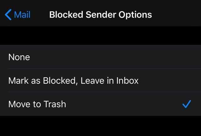 pārvietot bloķētā sūtītāja e-pastu uz miskasti iOS 13 un iPadOS