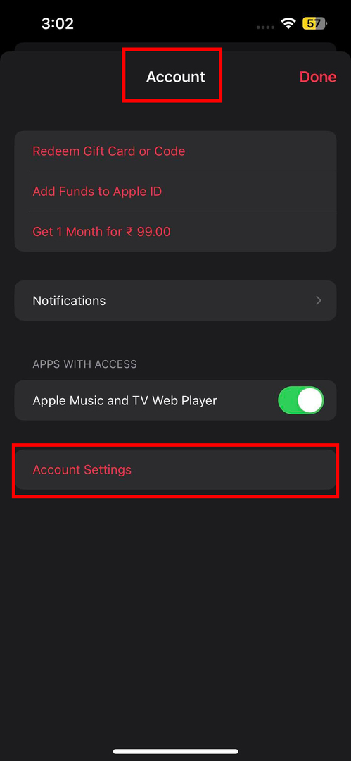 Option „Kontoeinstellungen“ unter „Konto“ in der Apple Music App