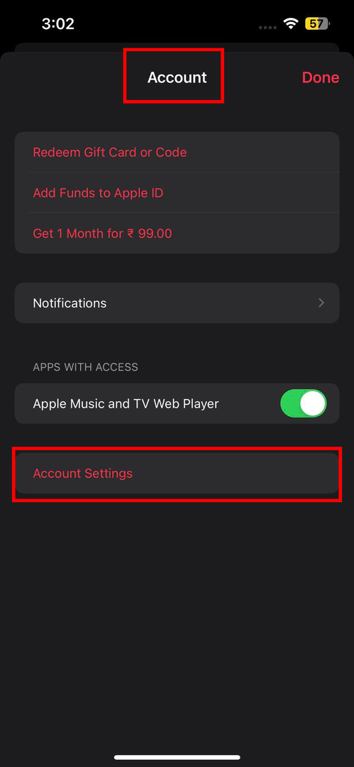Optie Accountinstellingen op Account op Apple Music-app