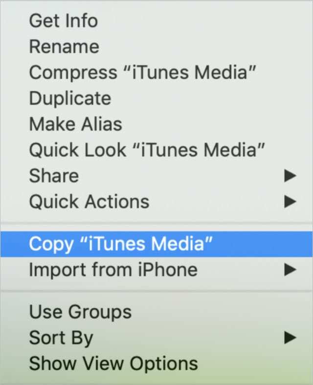 Opcja Kopiuj iTunes Media w menu z wciśniętym klawiszem Control