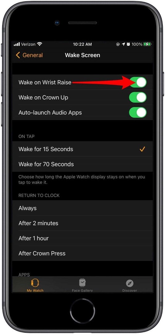 Lülitage Wake on Wrist Raise välja