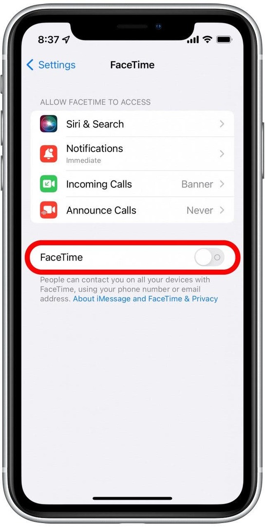 إذا تم إيقاف تشغيل FaceTime ، فانقر فوق زر التبديل لتشغيله.