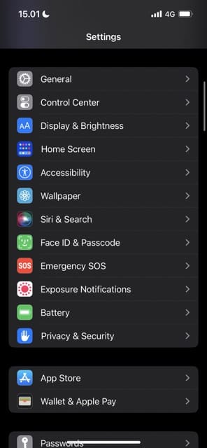 Capture d'écran montrant l'application iOS Settings
