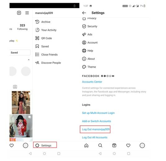 लॉगआउट इंस्टाग्राम अकाउंट