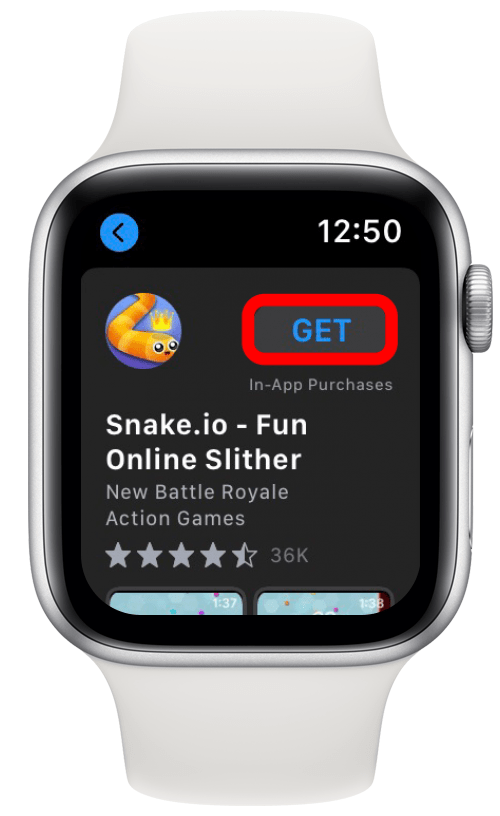 Pieskarieties GET, lai lejupielādētu Apple Watch spēli.