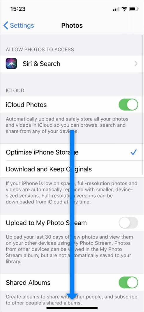 Fényképek beállításai alkalmazás görgető nyíllal az iPhone beállításaiban
