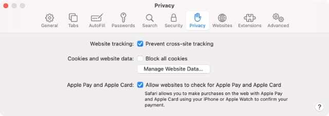 منع التعقب عبر المواقع في تفضيلات Safari على Mac