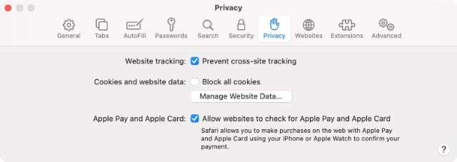 Novērsiet starpvietņu izsekošanu Safari preferencēs operētājsistēmā Mac